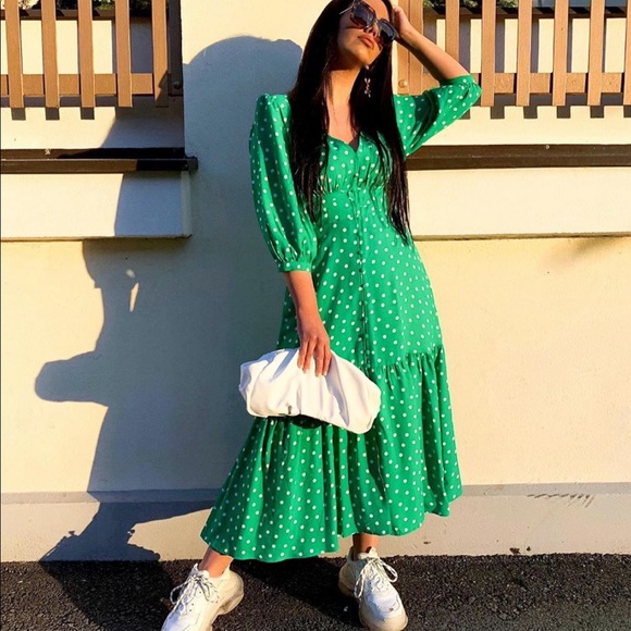 NWT Zara Green & White Polka Dot Satin Midi Dress - Picture 2 of 10